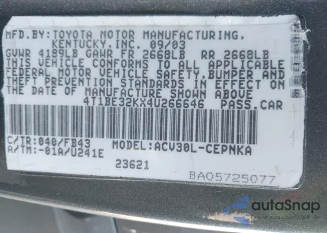 2004 Toyota Camry Le from USA, damaged, VIN 4T1BE32KX4U266646